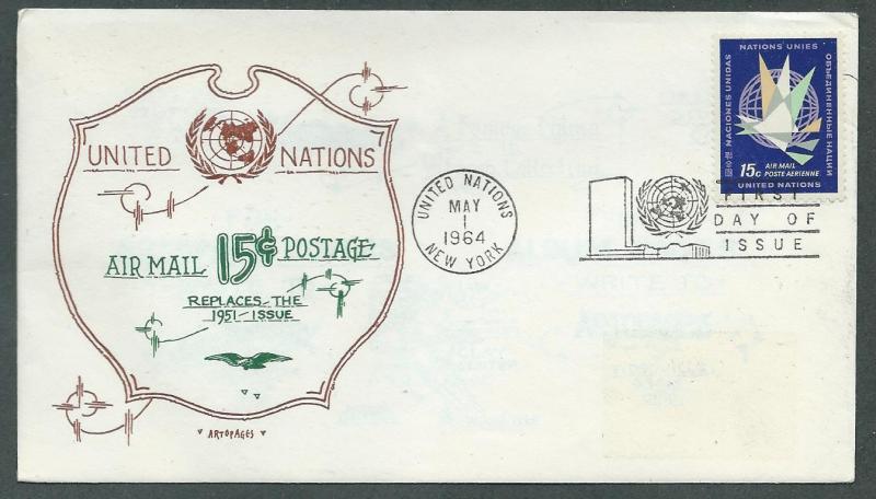 U. N. Scott C11 Artopages FDC  New 15c Airmail Stamp