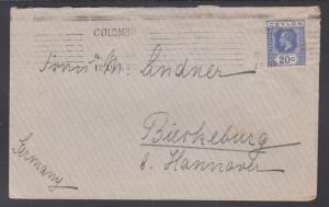 Ceylon Sc 206 on 1920 Cover to Hanover, Germany