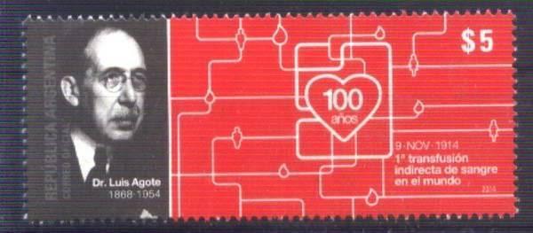 ARGENTINA 2014,MEDICIN ,BLOOD TRANSFUSION DR AGOTE Yv 3067 GJ 4074 MNH