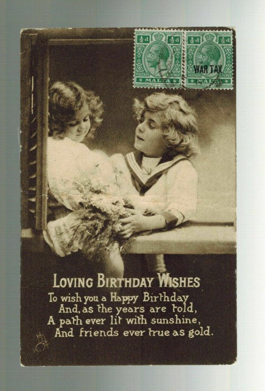 1910s Malta Postcard Birthday Postcard cover War Tax Stamps