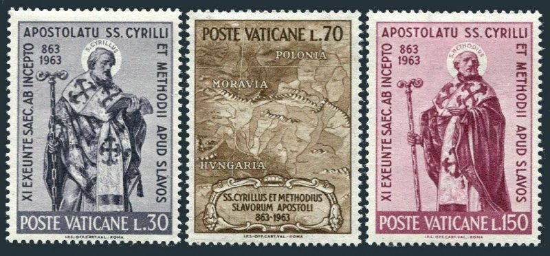Vatican 369-371,MNH.Michel 436-438. Sts Cyril and Methodius.Map.Frescoes.1963.