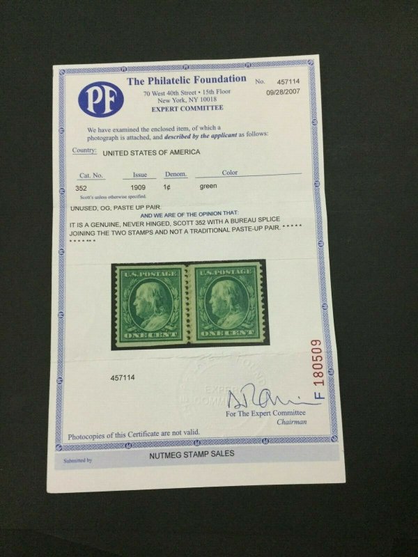 MOMEN: US STAMPS #352 COIL PAIR MINT OG NH PF CERT LOT #88153