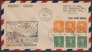 1939 Canada First Flight Airmail Service 301ag Edmonton - Toronto COILS cachet