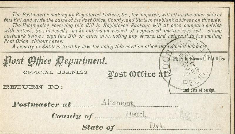 US REGISTRY BILL ALTAMONT, DAKOTA TERRITORY 6/22/89 TO MOODIES, CT 6/28 RARE