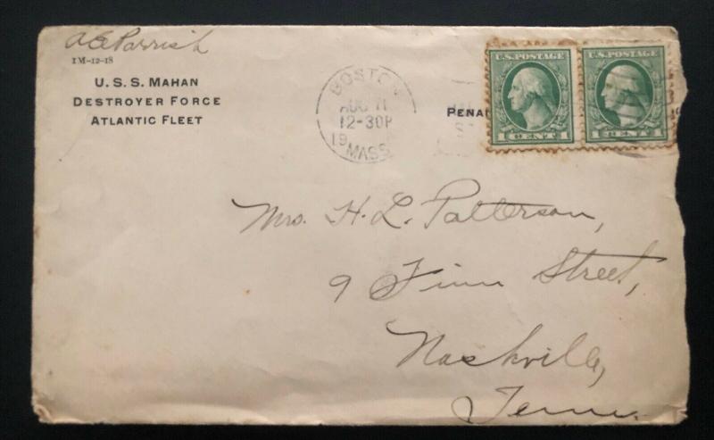 1900s Boston Ma USA USS Mahan Destroyer Force Atlantic Fleet Cover To Nashville