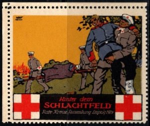 1914 Germany WW I Poster Stamp Behind The Battlefield Leipzig Red Cross Fund