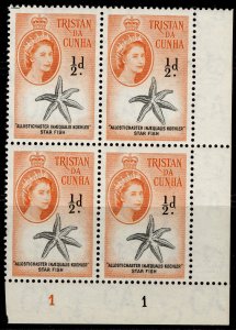 TRISTAN DA CUNHA QEII SG28, ½d black & orange, NH MINT. BLOCK X 4 CONTROL