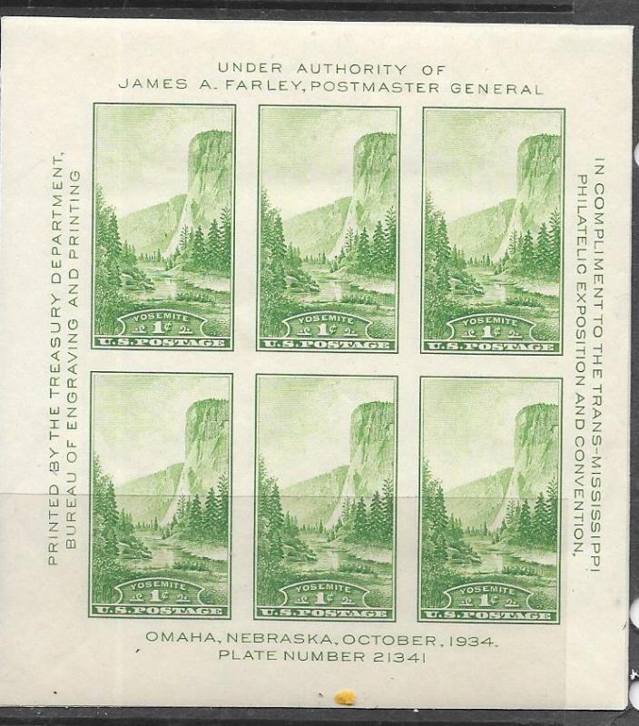 US#751  1c Yosemite  Souvenir Sheet of 6 (MNH) CV $15.00