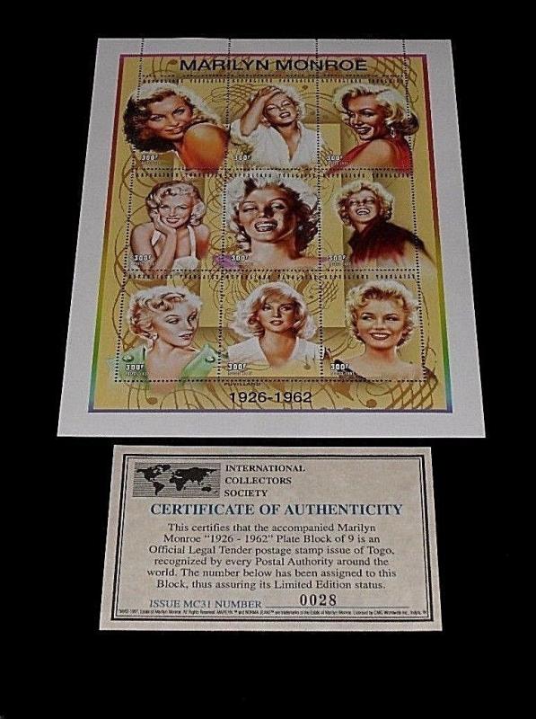 1995, TOGO, MARILYN MONROE, LIMITED EDITION, SHEET/9, MNH, W/COA