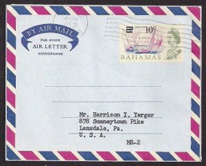 BAHAMAS Aerogramme 10c overprint 8c Queen & Sailboats 1966 Nassau cancel to USA!