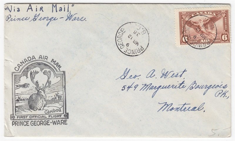 Canada First Official Flight Air Mail Cover, PRINCE GEORGE - WARE, MR 12, 38