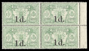 New Hebrides #38 Cat$16+ (for hinged), 1924 1p on 1/2p green, block of four, ...