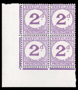 Swaziland #J2 Cat$48, 1933 2p violet, corner margin block of four, never hinged