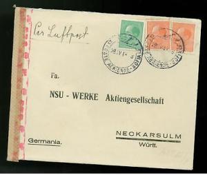 1943 censored Bulgaria airmail Cover Germany NSU Werk