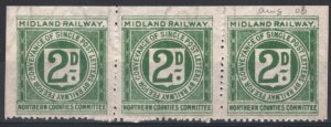 GB Ireland MIDLAND RAILWAY NORTHERN COUNTIES 2d Letter Stamp RARE STRIP{3} SS160