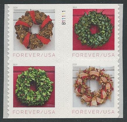 US #5424-27, Block of 4, w/Pl #, Christmas Wreaths, MNH*-