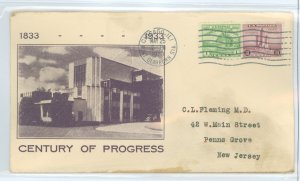 US 728-9 1933 1c & 3c Century of Progress (perf issues, set of two) on an addressed first day cover with an unknown cachet.