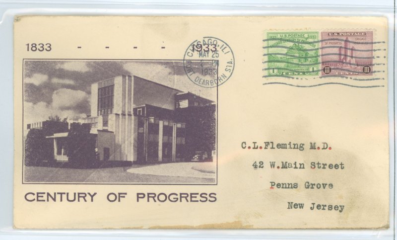 US 728-9 1933 1c & 3c Century of Progress (perf issues, set of two) on an addressed first day cover with an unknown cachet.