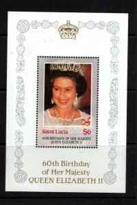 St. Lucia #831 1986 QE II 60th Birthday $6 high value in a deluxe sheet of one