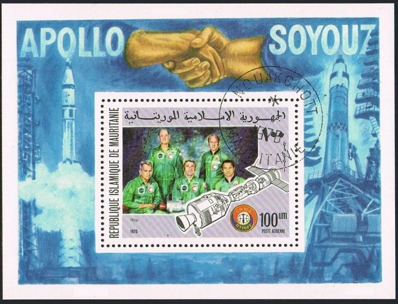 Mauritania C159 sheet,CTO.Michel 527 Bl.13. Apollo Soyuz test.Astronauts,1975.
