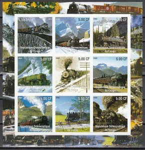 Congo Dem., 2002 issue. Old Trains on an IMPERF sheet of 9.