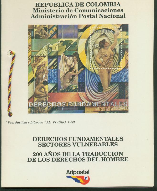 COLOMBIA 1076(2)1077, HUMAN RIGHTS. SHEET W/2 PANES+LABELS FIXED COMMEM. FOLDER.