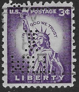 US #1035 used.   Perfin.  Lady Liuberty - In God We Trust.