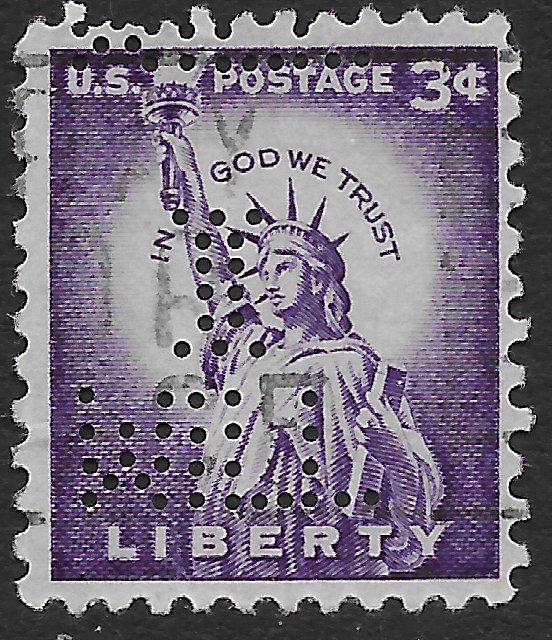 US #1035 used.   Perfin.  Lady Liuberty - In God We Trust.