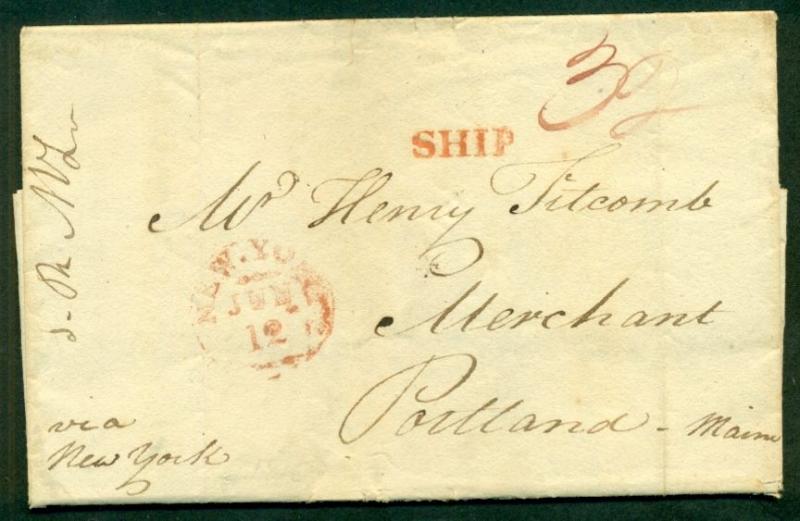 DANISH WEST INDIES 1815 SFL St. Croix to Portland Maine, red SHIP & NY transits