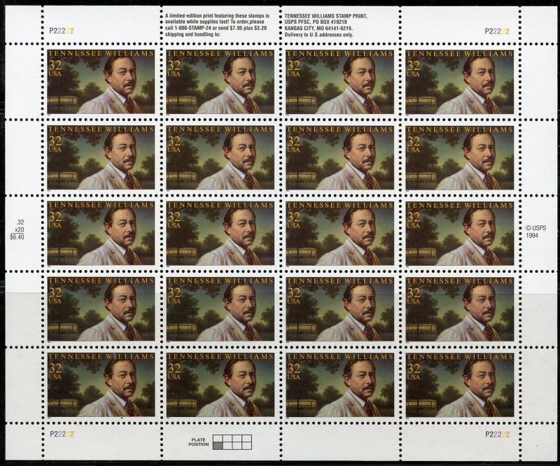 UNITED STATES SHEET OF 20 SCOTT#3002 TENNESSEE WILLIAMS MINT NH STAMPS