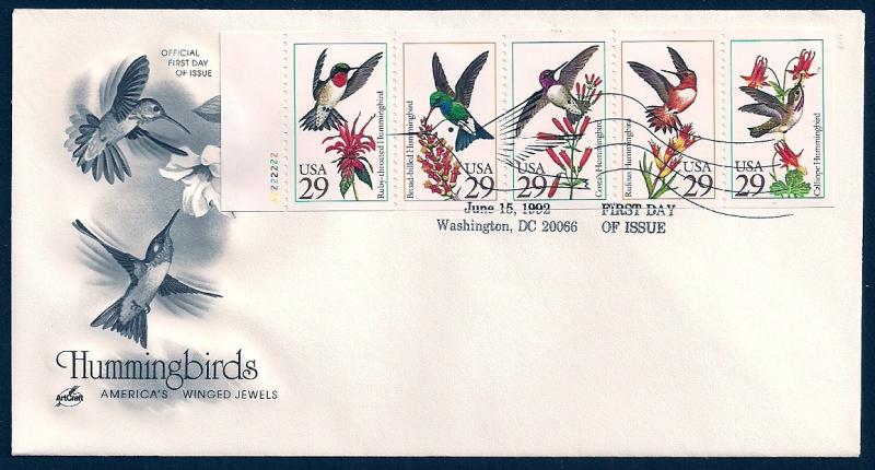 UNITED STATES FDC 29¢ Hummingbirds PANE 1992 ArtCraft