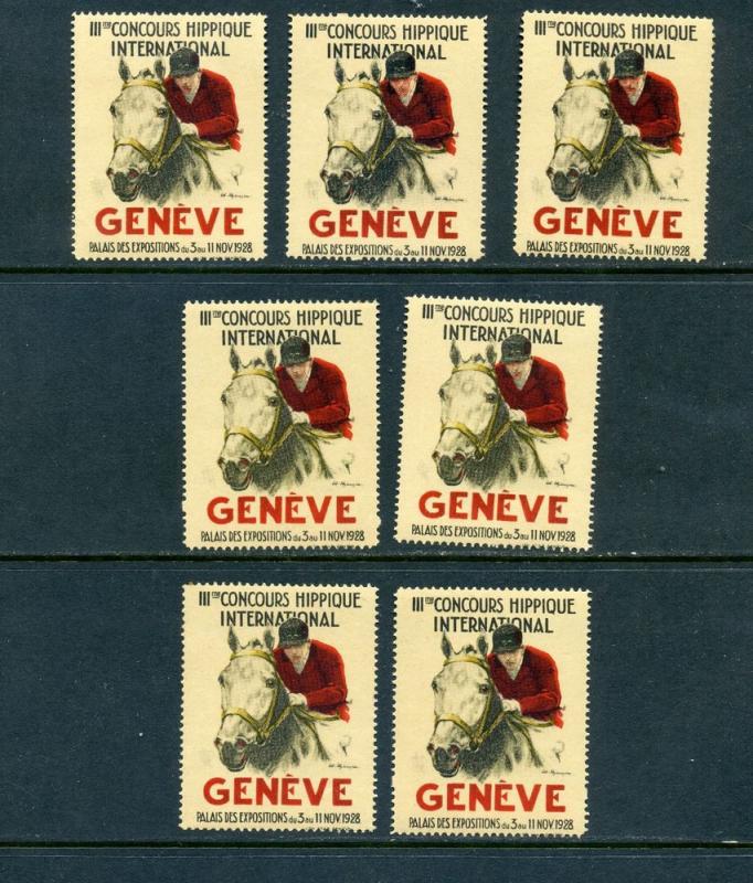 7 VINTAGE 1928 GENEVA INTERNATIONAL Equestrian Competition POSTER STAMPS (L606)