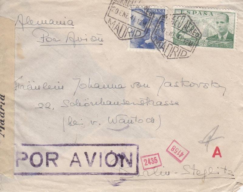 1941, Madrid, Spain to Germany, Airmail, Censored, See Remark (C2206)