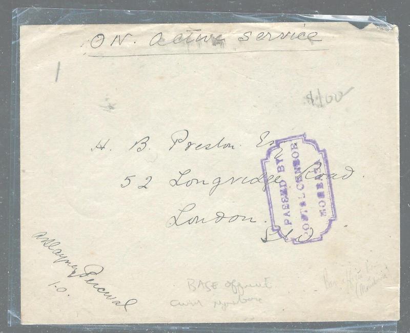 BRITISH EAST AFRICA (PP2604B)  1915 OAS FREE POST COVER MOMBASA CENSOR BOMBAY TO