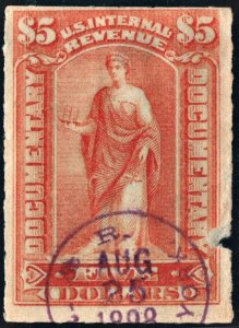 R175 $5.00 Documentary Stamp (1898) CDS Used/Fault