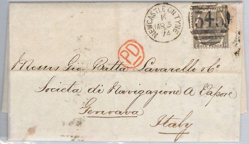 GB  - VICTORIA - POSTAL HISTORY: SG 125 on COVER from NEWCASTEL to ITALY 1874