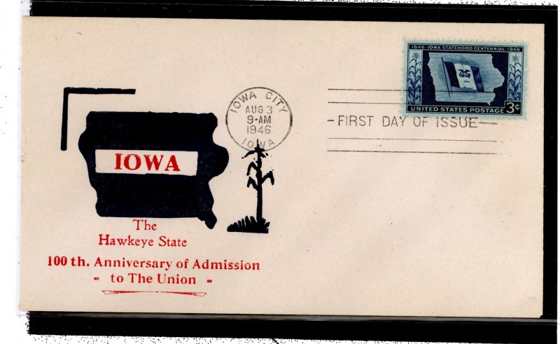 US 942 1946 3 cent Iowa Statehood Centennial (single) on an unaddressed First Day Cover with a cachet from  an unknown publisher