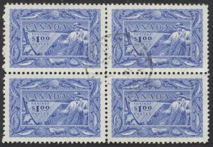 Canada #302 $1 Fisheries Block of 4 VF Used Light Montreal CDS