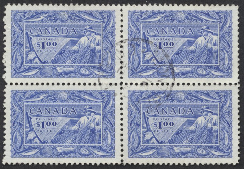 Canada #302 $1 Fisheries Block of 4 VF Used Light Montreal CDS