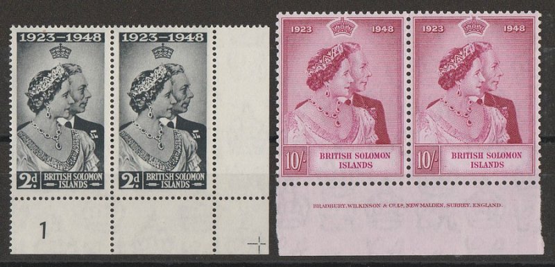 SOLOMON ISLANDS : 1948 KGVI Silver Wedding set plate no. & imprint pairs. MNH **