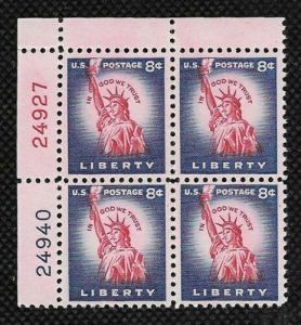 1954-68 Statue of Liberty Plate Block Of 4 8c Postage Stamps, Sc# 1041, MNH, OG