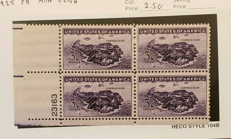 925, Manila Bay, Plate Block LL, Mint OGNH, CV $2.50