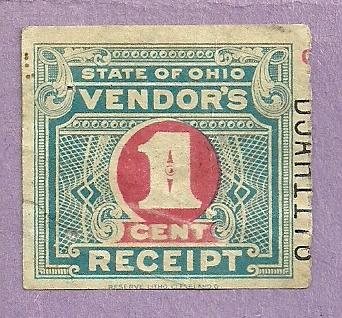 Ohio Vendor's 1 Cent Receipt Stamp