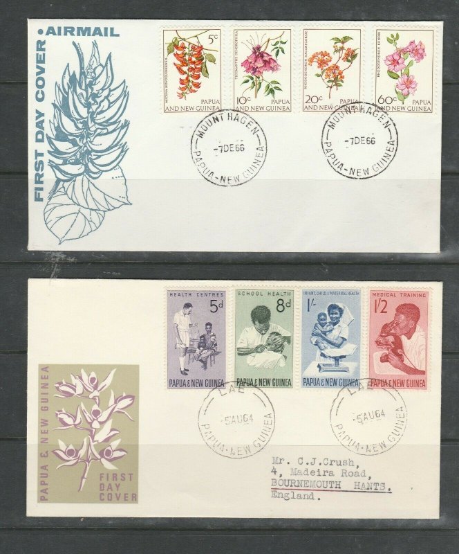 Papua & New Guinea, 2 FDCs, Illus, 1964 Health, 1967 Flowers, Cancelled LAE & MO