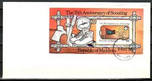 Maldives, Scott cat. 960. Scouting, 75th Anniversary s/sheet. First day cover. ^