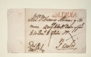 O) 1795 circa, CHILE, VALDIVIA  MARK  IN RED,  PREPHILATELIC, COLONIAL MAIL, MAR