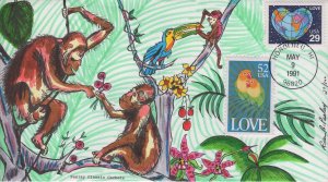 Fran Paslay Hand Painted Combo FDC for the 1991 29-cent and 52-cent Love stamps