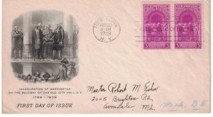 1939 FDC, #854, 3c Inauguration of Washington, Art Craft, pair