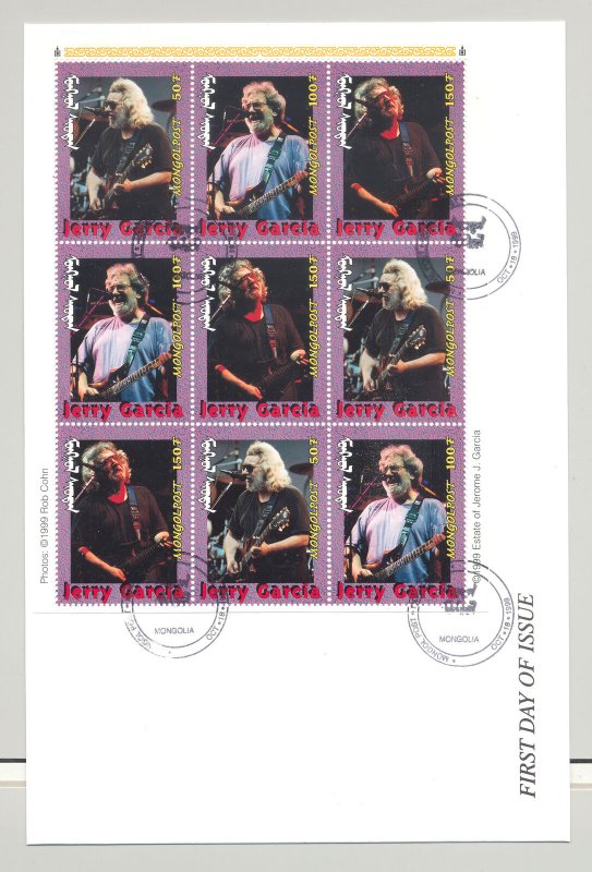 Mongolia #2385 Jerry Garcia, Music 1v M/S of 3 Strips of 3 on FDC