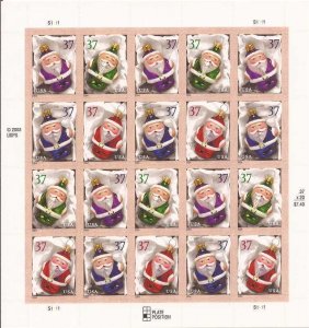 US Stamp - 2004 Santa Christmas Ornaments - 20 Stamp Sheet #3883-6